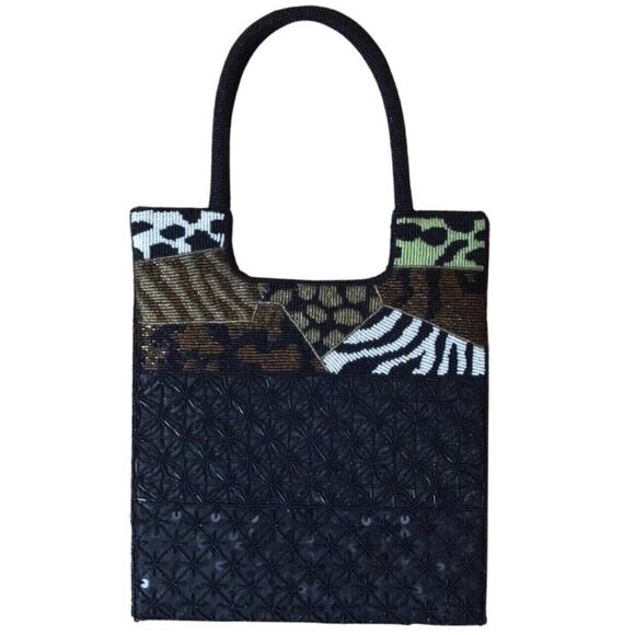 Beaded Animal Print Tote Bag Zebra Leopard Patchwork Jungle Boho Purse - Picture 1 of 12